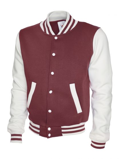 Uneek Mens Varsity Jacket - Maroon/White