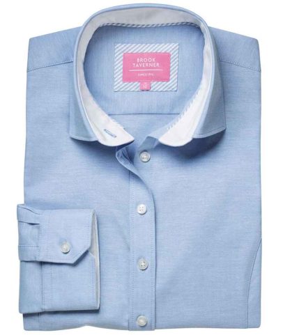 BK587 SKY 8 - Brook Taverner Ladies Mirabel Long Sleeve Stretch Oxford Shirt - Sky Blue