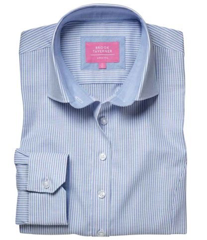 BK587 SYS 8 - Brook Taverner Ladies Mirabel Long Sleeve Stretch Oxford Shirt - Sky Blue Stripe